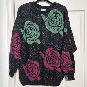 Mosaik Rose Sweater vintage 80s acrylic/cotton blend size Large red green black